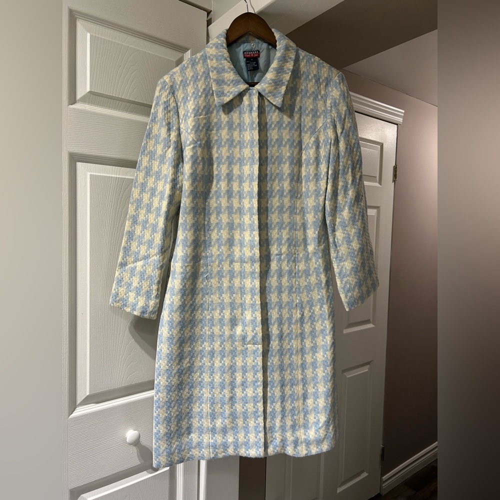 MAC & JAC vintage blue & white houndstooth plaid long line jacket Size 8